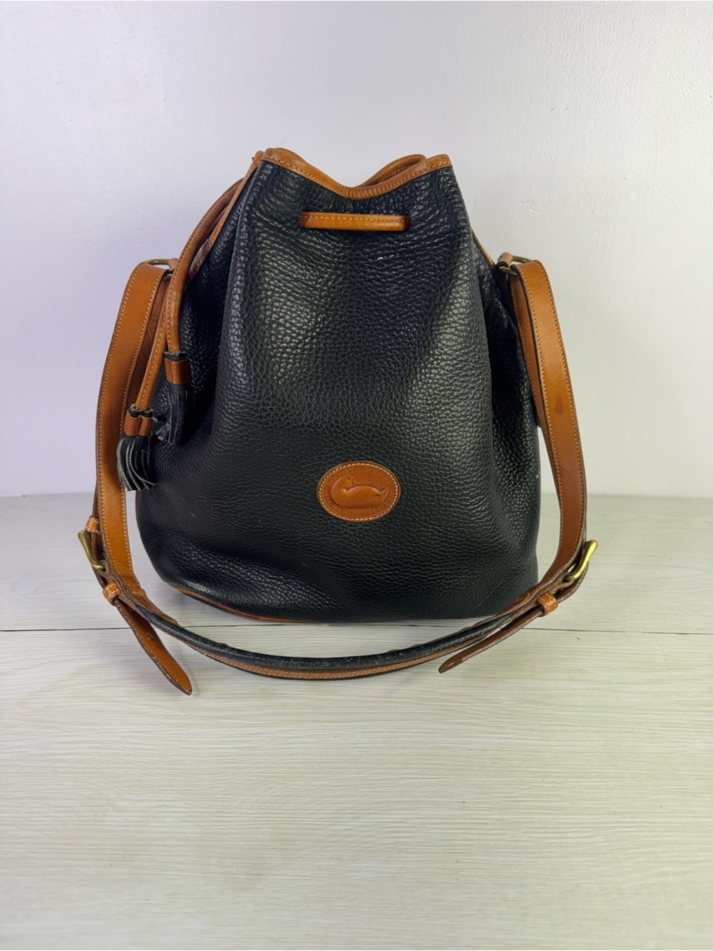 Vintage Dooney and Bourke Black & Tan Brown Pebble Leather Drawstring Bucket Bag